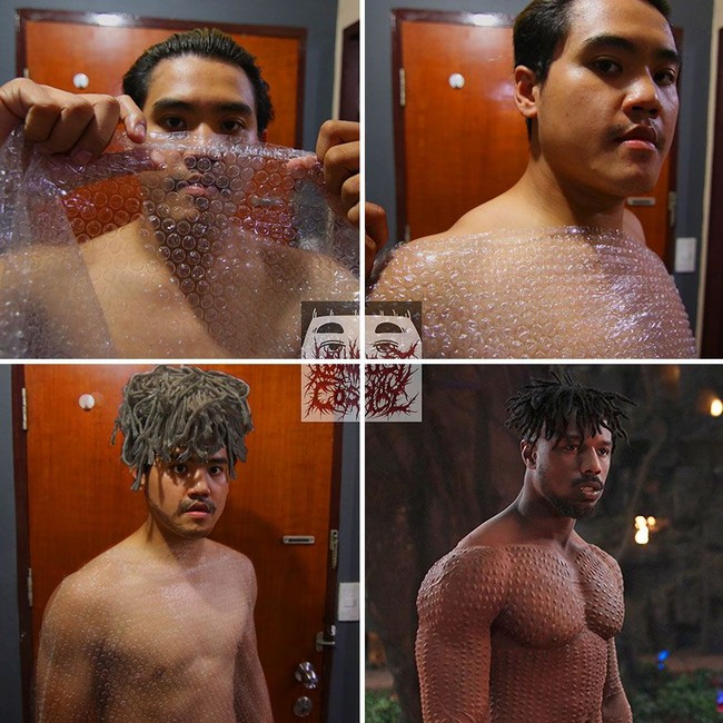 Tak perlu efek khusus atau makeup karakter, Anucha hanya cukup menggunakan wig seperti kain pel dan bubble wrap untuk tampil bak karakter Black Panther. Foto: Facebook/Instagram Lowcost Cosplay
