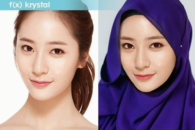 Diedit mengenakan hijab berbahan satin dan bernuansa biru, Krystal juga terlihat anggun dan menawan. Foto: Blog doubleddodewii