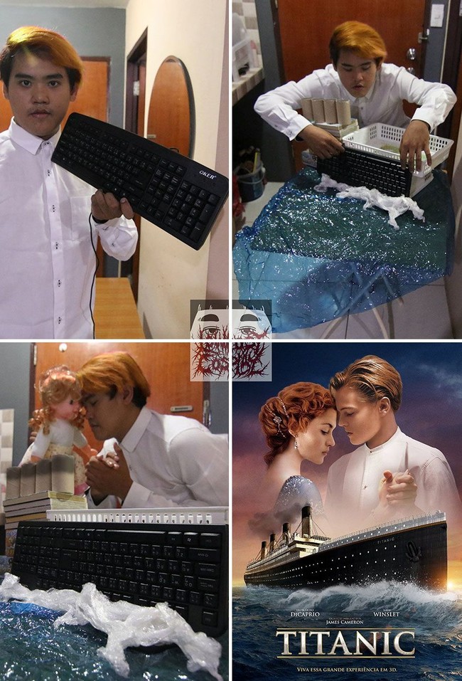 Poster Titanic diparodikan dengan cara yang kocak oleh pria 28 tahun itu. Foto: Facebook/Instagram Lowcost Cosplay