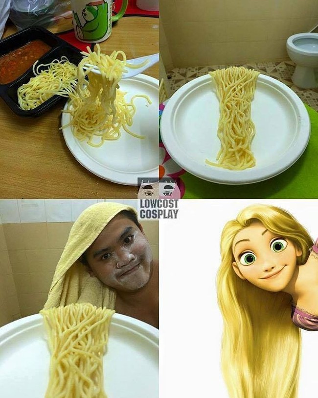 Dengan bantuan handuk dan mie, Anucha cosplay jadi Rapunzel. Foto: Facebook/Instagram Lowcost Cosplay