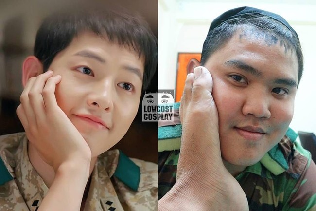 Usaha keduanya menjadi Song Joong Ki tak butuh banyak benda. Hanya dengan baju tentara, spidol untuk menggambar poni, hingga kakinya sendiri. Foto: Facebook/Instagram Lowcost Cosplay