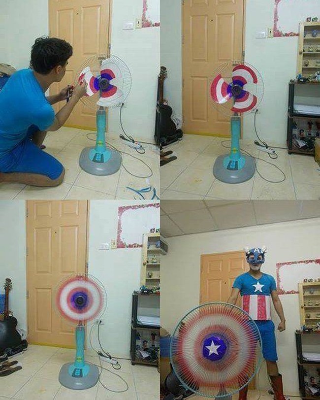 Kali ini Lowcost Cosplay mencoba bertransformasi menjadi Captain America dengan bantuan kipas angin. Foto: Facebook/Instagram Lowcost Cosplay