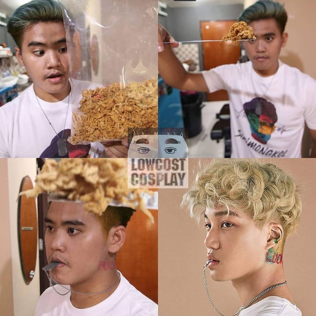 Kali ini, pria asal Thailand tersebut mencoba menjadi Kai EXO. Tak perlu pergi ke salon, ia hanya membutuhkan makanan serupa abon, spidol, dan kalung. Foto: Facebook/Instagram Lowcost Cosplay