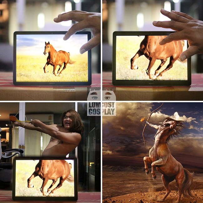 Malas mengedit foto, Anucha menggabungkan foto dirinya dengan foto kuda di tablet. Foto: Facebook/Instagram Lowcost Cosplay