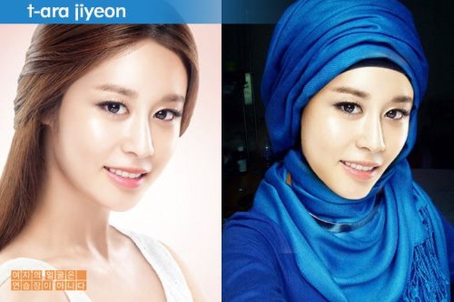 Saat Jiyeon T-Ara tampil manis mengenakan jilbab biru sambil memamerkan senyumnya yang penuh pesona. Foto: Blog doubleddodewii