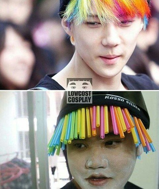 Meniru penampilan Sehun EXO ternyata tak terlalu sulit. Yang dibutuhkan adalah sedotan warna-warni dan bedak agar terlihat putih. Foto: Facebook/Instagram Lowcost Cosplay