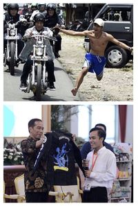 Foto Jokowi dicolek Bona (atas). Foto Jokowi beri jaket ke Bona (bawah)