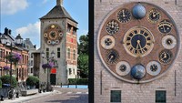 Menara jam Centenary terletak di kota Lier, Belgia. Seorang ahli astronomi dan pembuat jam bernama Louis Zimmer membangun menara ini pada tahun 1888. Menari ini memiliki 12 jam yang menunjukkan berbagai fenomena periodik, salah satunya perubahan fase bulan. 12 jam periodik ini bergerak mengelilingi jam pusat. Arterra/UIG via Getty Images