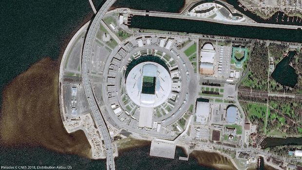 A picture taken from the Pleiades satellites, operated by Airbus Defence and Space, and released by Airbus June 6, 2018 shows the Saint Petersburg Krestovsky Stadium, which will host matches of the 2018 FIFA World Cup in Saint Petersburg, Russia.    Pleiades/CNES 2018/Distribution Airbus DS/Handout via Reuters NO RESALES. NO ARCHIVES. THIS IMAGE HAS BEEN SUPPLIED BY A THIRD PARTY. IT IS DISTRIBUTED, EXACTLY AS RECEIVED BY REUTERS, AS A SERVICE TO CLIENTS