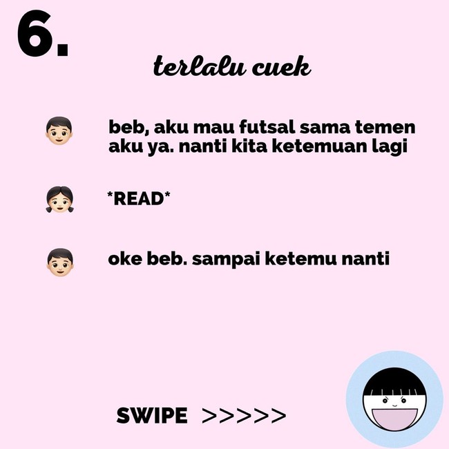 Hanya di read saja tanpa membalas pesanmu, berarti si dia super cuek. Foto: Instagram @koplak.ngakak
