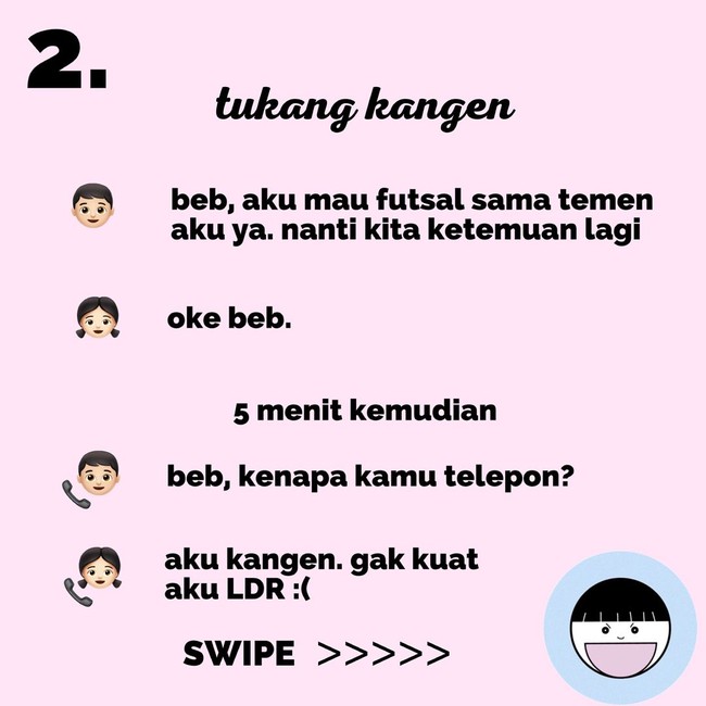 Kalau pacarmu setiap beberapa menit selalu menghubungimu, berarti dia termasuk tipe yang tukang kangen. Foto: Instagram @koplak.ngakak