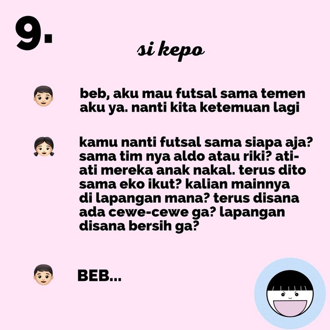 Jika pacarmu terlalu banyak bertanya dan pesan teksnya terlalu panjang seperti itu, berarti pasanganmu masuk ke dalam kategori si kepo. Foto: Instagram @koplak.ngakak
