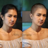 Wajah Mikha Tambayong juga jadi berbeda jika tanpa rambut, tapi tetap cantik kok.  Foto: Instagram/@edycomodo