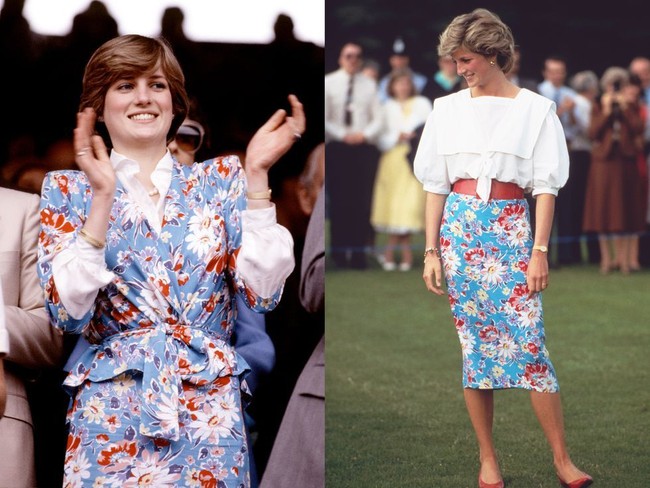 Gaya Diana yang versatile masih bisa diaplikasikan ke masa sekarang. Foto sebelah kiri dari tahun 1981 menampilkan dia mengenakan setelan atasan wrap dengan layer kemeja. Di kanan, tahun 1985 ia meninggalkan atasan bunganya dan memilih blouse putih dengan belt besar. Foto: Ist.