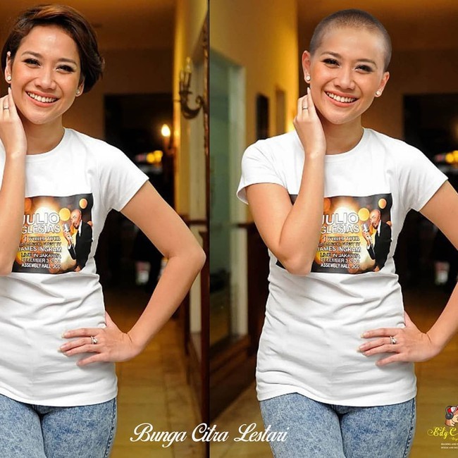 Mungkin karena sudah sering tampil dengan rambut pendek, sehingga jika Bunga Citra Lestari tampil botak akan cocok-cocok saja. Setuju nggak sih?  Foto: Instagram/@edycomodo