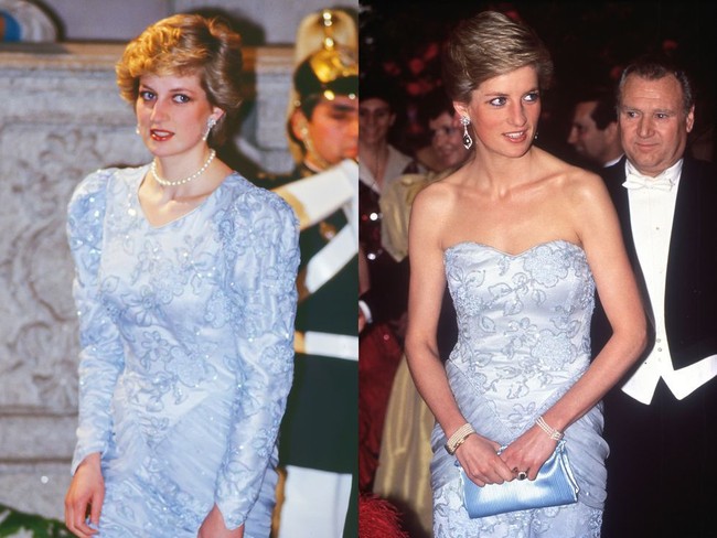Diana mengenakan gaun biru pucat dari Catherine Walker pertamakalinya pada kunjungan ke Lisbon tahun 1987. Di tahun 1989, gaun modest lengan panjang ini dirombak menjadi model strapless dengan kerah bentuk hati. Foto: Ist.