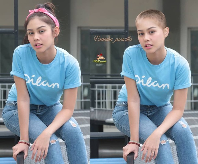 Vanesha Prescilla ternyata cocok-cocok saja dengan kepala plontos. Memang sulit ditandingi jika dari sananya memang sudah cantik.  Foto: Instagram/@edycomodo