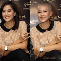 Dengan rambut botak, Dian Sastrowardoyo seperti orang yang lagi sakit.  Foto: Instagram/@edycomodo