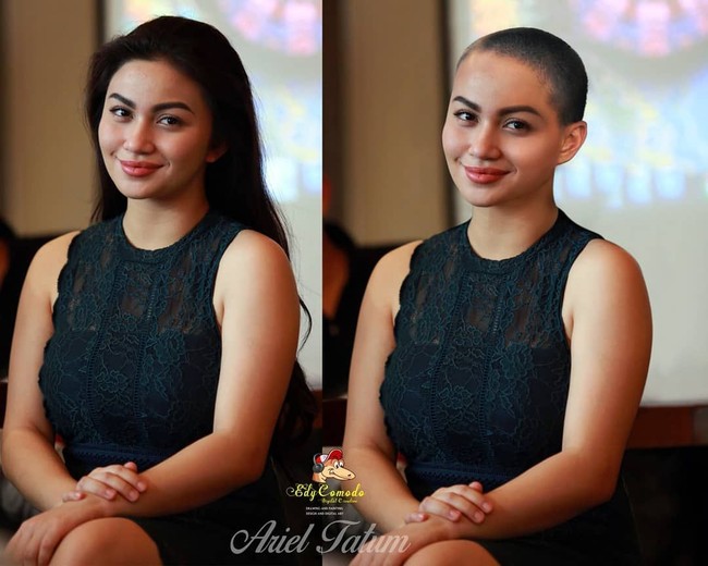 Ariel Tatum dikenal sebagai aktris yang selalu tampil dengan rambut panjang, ketika botak penampilannya jadi aneh.  Foto: Instagram/@edycomodo