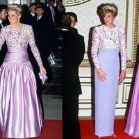 Diana mencuri atensi ketika ia menampakkan batang hidungnya berbalut gaun ungu lavender dengan atasan penuh corak. Atasan yang sama kemudian dikemas minimalis dengan rok lurus warna lilac. Foto: Ist.