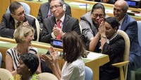 Ekspresi Menlu saat Indonesia memenangkan voting terpilih sebagai anggota tidak tetap DK PBB wilayah Asia-Pasifik (Foto: Dok. UN Photo/Manuel Elias)