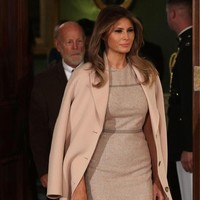 Melania trump memilih busana warna pastel untuk menghadiri acara kenegaraan. Tampilan dress jauh lebih stylish ketika Melania memakai coat di bahunya. Foto: Dok. Getty Images