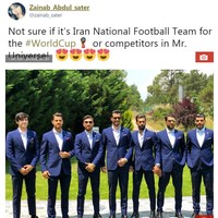 Para wanita menuliskan beragam komentar saat melihat penampilan tim sepakbola Iran yang akan bertanding di Piala Dunia 2018. Kegantengan para pemain membuat wanita jadi gagal fokus. Pengguna Twitter bernama Zainab ini salah satunya. Dia mengatakan deretan pemain Iran mirip dengan peserta kontes pria terganteng di dunia yaitu Mr. Universal. (Foto: Twitter)