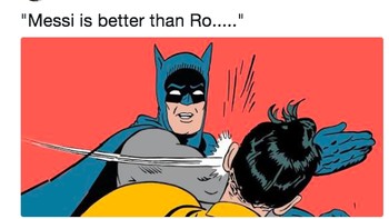 Batman langsung menghajar Robin yang ingin mengatakan Messi lebih baik dari Ronaldo. Foto: istimewa
