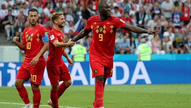 Romelu Lukaku merayakan gol pertama ke gawang Panama.