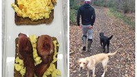 Nampak Kane sedang santai berjalan dengan dua anjingnya. Ia juga menikmati brunch spesial, roti dan telur orak-arik buatan pasangannya, Katie Goodland. Foto: Instagram Harry Kane