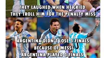 Mereka tertawa ketika dia menangis, mereka mengejeknya karena gagal penalti. Padahal Argentina tidak kalah 3 final karena Messi, Argentina masuk ke final karena Messi, tulis netizen ini. Foto: istimewa
