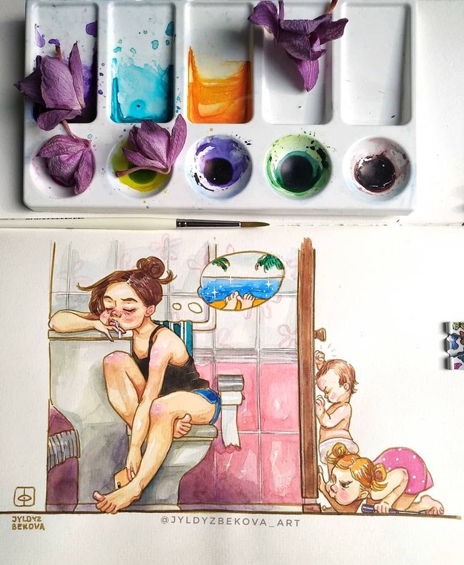 Menjadi ibu berarti sebagian besar waktunya dicurahkan untuk menjaga buah hatinya. Tapi, bahkan saat ibu tengah di toilet pun harus rela diganggu oleh anak-anaknya. Foto: Dok. Jyldyz Bekova