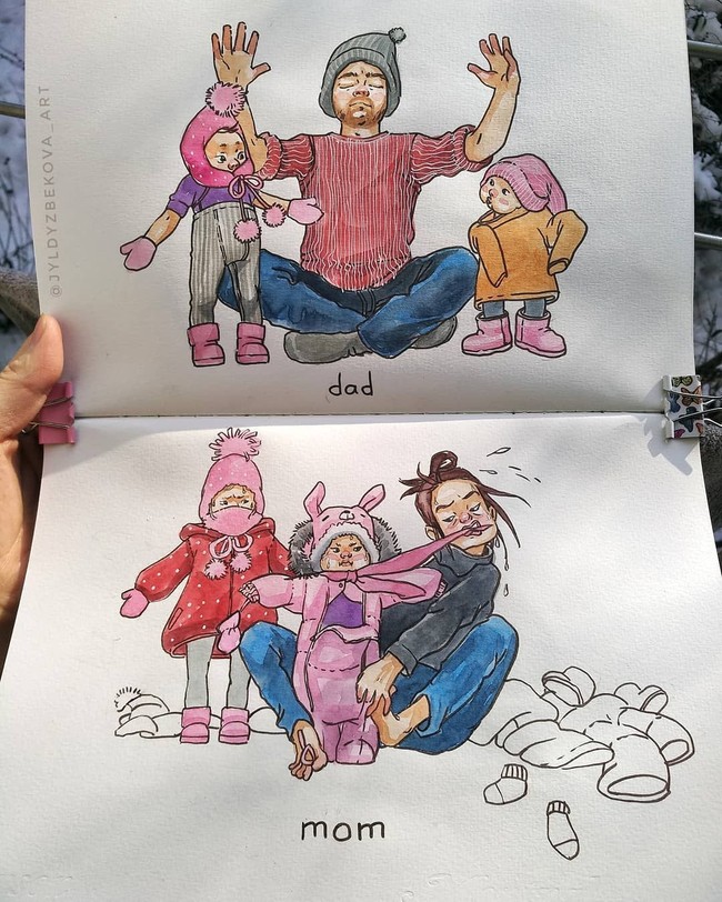 Mom vs Dad. Ketika ayah salah memakaikan pakaian untuk buah hatinya, tapi mereka tak protes dan tetap diam.  Foto: Dok. Jyldyz Bekova