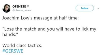 Ternyata, senjata rahasia Jerman adalah sentuhan tangan maut sang pelatih Joachim Loew. Foto: Meme/Twitter