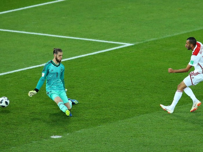 KALININGRAD, RUSSIA - JUNE 25:  Khalid Boutaib of Morocco scores his teams first goal during the 2018 FIFA World Cup Russia group B match between Spain and Morocco at Kaliningrad Stadium on June 25, 2018 in Kaliningrad, Russia.  (Photo by Alex Livesey/Getty Images)