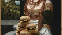 Projek the burger friday dimulai Gabriel dengan editan lukisan buatan St. John the Baptist. Ia hanya mengubah salah satu elemen dalam lukisan tersebut dengan gambar burger. Foto: Instagram the_canvasproject