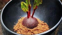 Kelihatannya kayak buah bit dalam tanah ya? Dessert ini berupa brownies bit cokelat dengan isian chocolate mousse. Pelengkapnya cokelat bubuk mirip tanah dan daun mint. Foto: Instagram chefbenchurchill