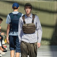 Rupa tas masa depan di tangan Junya Watanabe. Juga menggelantung di leher, tas hadir dalam nuansa militer. (Foto: Dok. Vogue)