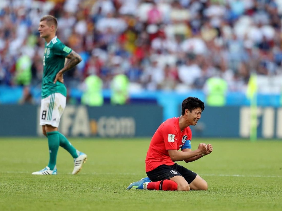 Son Heung-min merayakan kemenangan Korea Selatan atas Jerman di Piala Dunia 2018 (Foto: Catherine Ivill/Getty Images)