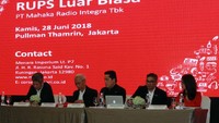 RUPS Tahunan dan Luar Biasa PT Mahaka Radio Integra Tbk dipimpin oleh Erick Thohir sebagai Komisaris Utama, Adrian, dan Natalina Sindhikara (Direktur dan Sekretaris Perusahaan). Foto: dok. Mahaka Radio