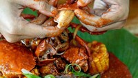 Wah, kepiting dengan saus merah kental ini milik salah satu gerai seafood di Jogja. Namanya Kepiting Bang Jai. Daging kepitingnya terlihat tebal dan konon harganya murah. Foto: Istimewa