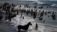Bahkan ada yang membawa kuda ke pantai. Foto: Mohammed Salem/Reuters