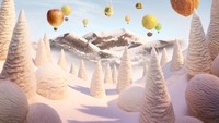 Balon udara versi dunia makanan yang diciptakan Warner tidak terbuat dari karet. Tapi dari buah-buahan! Gunung serta pohonnya juga terbuat dari makanan. Ya, es krim vanilla dan cokelat. Foto: Carl Warner
