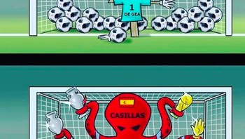 De Gea diilustrasikan kebobolan banyak gol dan seperti orang-orangan sawah. Sedangkan Casillas digambarkan perkasa saat membela Spanyol. Foto: istimewa
