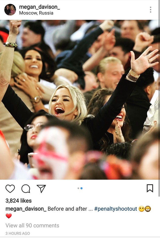 Beruntung sang pacar yang merupakan kiper Inggris termahal berhasil menangkis tendangan. Berikut ekspresi gembira Meghan saat tahu Pickford sukses membawa Inggris ke babak berikutnya. Foto: Instagram Megan Davison