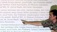 Berdasar hasil survei yang dilakukan tersebut terdapat beberapa nama yang dianggap diunggulkan di masing-masing responden. Di kalangan elite nama politisi senior Jusuf Kalla dan Jokowo memiliki nilai tertinggi. Di kalangan opinion leader maupun massa pemilih nasional nama Jokowi masih memimpin dalam posisi teratas. Adapun nama lain yang masuk dalam 5 besar setelah Jokowi dan JK menurut opinion leader adalah Mahfud MD, Airlangga Hartarto, Chairul Tanjung, Sri Mulyani Indrawati, dan Said Aqil Siradj. Sedangkan tokoh lain yang menarik perhatian massa pemilih nasional adalah Gatot Nurmantyo, Mahfud MD, Prabowo Subianto dan Sri Mulyani. Berdasar hasil survei yang dilakukan tersebut terdapat beberapa nama yang dianggap diunggulkan di masing-masing responden. Di kalangan elite nama politisi senior Jusuf Kalla dan Jokowo memiliki nilai tertinggi. Di kalangan opinion leader maupun massa pemilih nasional nama Jokowi masih memimpin dalam posisi teratas. Adapun nama lain yang masuk dalam 5 besar setelah Jokowi dan JK menurut opinion leader adalah Mahfud MD, Airlangga Hartarto, Chairul Tanjung, Sri Mulyani Indrawati, dan Said Aqil Siradj. Sedangkan tokoh lain yang menarik perhatian massa pemilih nasional adalah Gatot Nurmantyo, Mahfud MD, Prabowo Subianto dan Sri Mulyani.