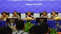 Direktur Utama PT Bank Tabungan Negara (Persero) Tbk. Maryono (tengah) bersama Jajaran Direksi Bank BTN Budi Satria, Andi Nirwoto, Iman N. Soeko, dan Oni Febriarto memaparkan strategi perseroan untuk menghadapi perubahan ekonomi gobal dan menggarap peluang pelonggaran loan to value (LTV) dalam Business Review Triwulan II 2018 di Menara BTN, Jakarta, Kamis (5/7/2018).