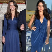 Wrap dress versi Kate dan Meghan tampil berbeda. Milik Kate tampil tertutup dengan lengan panjang, sementara milik Meghan terlihat seksi dengan belahan dada yang lebih rendah. Foto: Istimewa