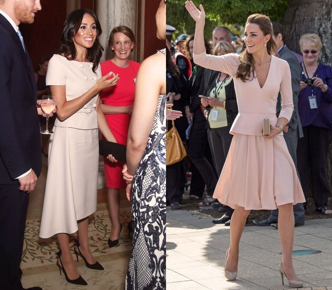 Meghan Markle dan Kate Middleton sama-sama memfavoritkan warna blush pink untuk koleksi busananya. Meghan kali ini memakai suit dari Prada, sementara Kate memakai koleksi desainer Inggris L.K. Bennett. Foto: Istimewa
