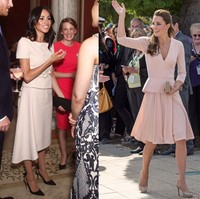Meghan Markle dan Kate Middleton sama-sama memfavoritkan warna blush pink untuk koleksi busananya. Meghan kali ini memakai suit dari Prada, sementara Kate memakai koleksi desainer Inggris L.K. Bennett. Foto: Istimewa